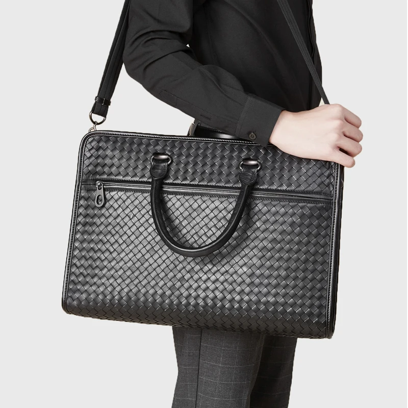 Men's Luxury Brand Business Briefcase Large Capacity Authentic Leather Sheepskin Woven Classic Shoulder Handbag 15-Inch Notebook