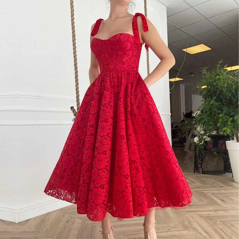 

Summer Red Spaghetti Strap Midi Dresses Women Sexy Tie Bow High Waist Bohemian Dress Lady Fashion Backless Beach Dress Vestidos
