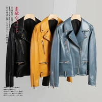 nerazzurri spring short yellow black blue leather biker jacket women long sleeve zipper autumn faux leather jackets for women
