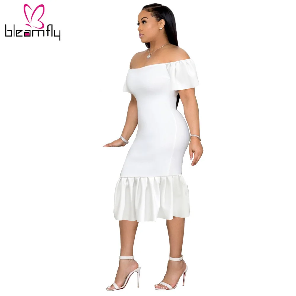 Новинка 2019 женское летнее платье с открытыми плечами и вырезом лодочкой оборками