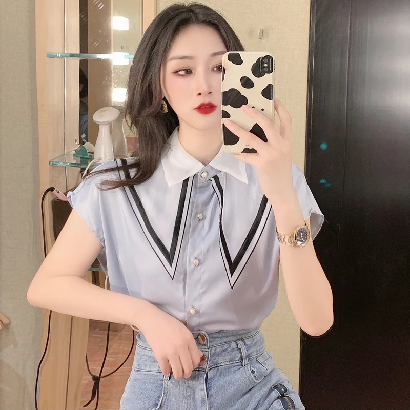 

Vintage Office Lady Summer Blouse Women Korean Short Sleeve Mesh Patchwork Shirts Tops Single Breasted Top Luxury Elegant C717