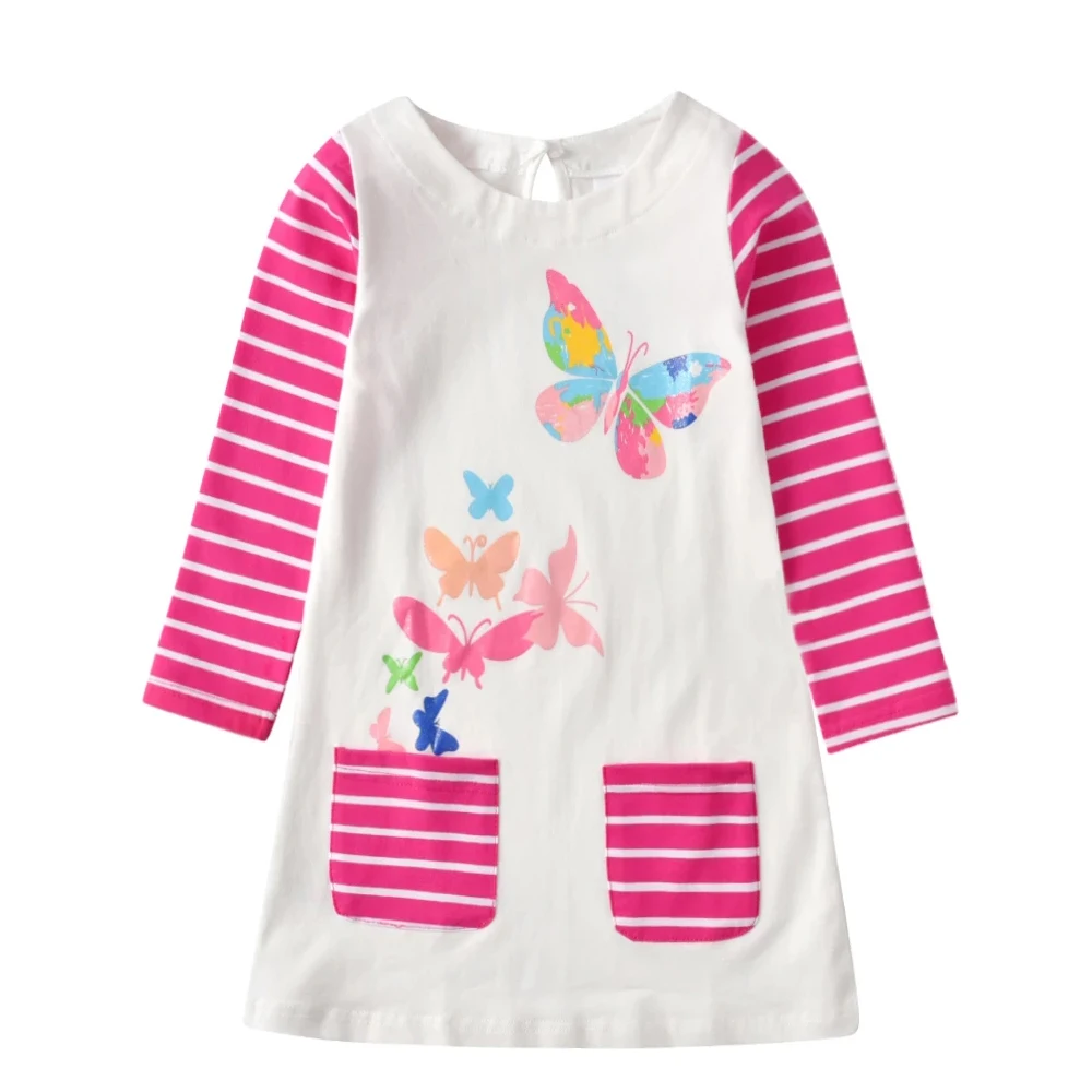 VIKITA-vestido informal a rayas con bolsillos para ni&ntilde;as, ropa de algod&oacute;n para ni&ntilde;os de 3 a 12 a&ntilde;os, con estampado de mariposa-1