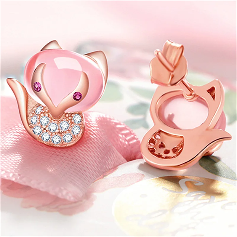 

Charming Natural Pink Gems Crystal Stud Earrings Cute Rose Gold Plated Fox Earrings Lover's Xmas Gifts Women's Fashion Jewelry