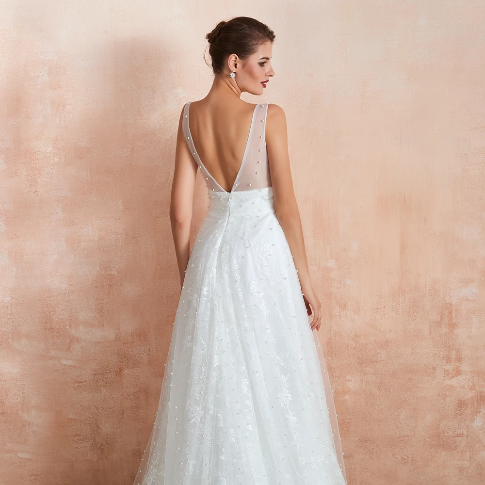Boho Wedding Dresses Beach A Line Pearl Lace V Neck Lace Simple Bride Gown Sleeveless Walk Beside You abiti sposa