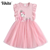 vikita brand girls unicorn summer dresses children sequins tutu dress kids flare sleeve cotton frocks baby girl princess clothes