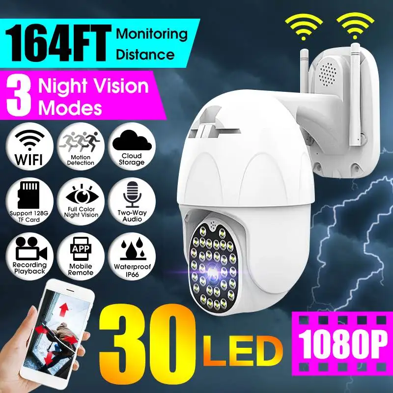 Водонепроницаемая купольная камера видеонаблюдения 30 светодиодов 1080P PTZ Wi Fi IP с