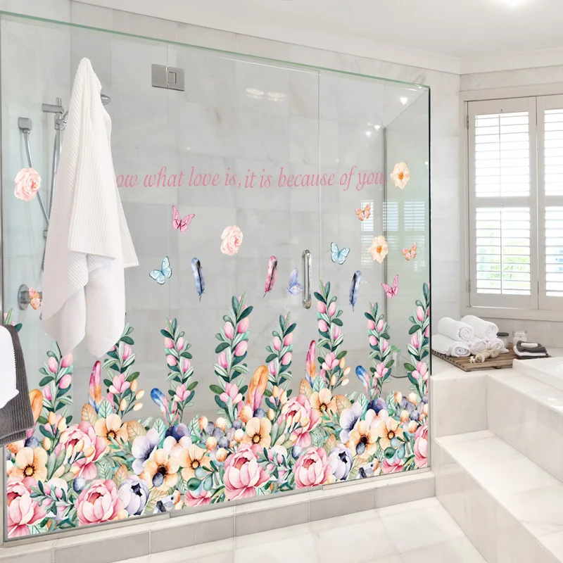 92*53cm Romantic Flowers Wall Sticker Colorful Plant Baseboard Decoration Beautiful Butterfly Home Docor for Bathroom Bedroom
