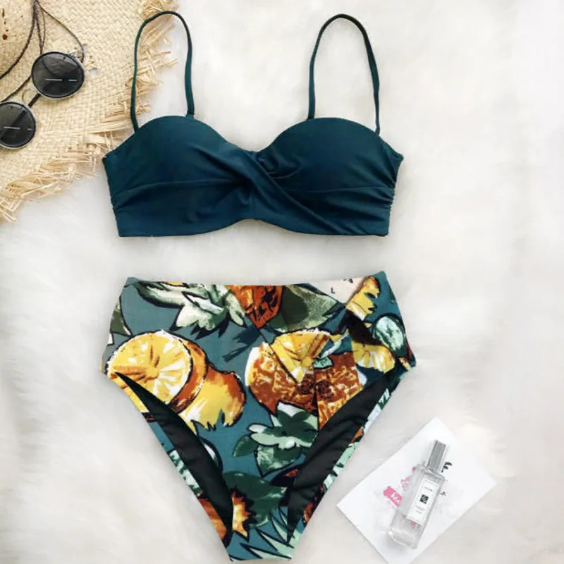 

Летний купальник, новинка 2021, женский модный сексуальный комплект бикини с высокой талией и эффектом пуш-ап с принтом листьев, пляжный купальник, бикини, купальный костюм
