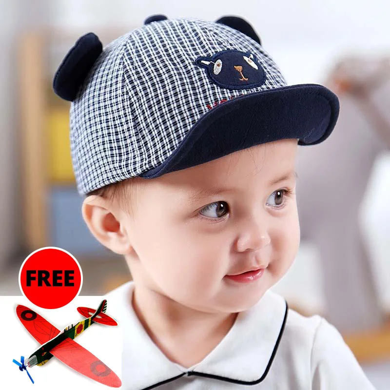 navy blue Милая мультяшная Детская кепка с ушками, летняя Регулируемая бейсбольная кепка для новорожденных, хлопковая шапка для маленьких девочек и мальчиков, клетчатая детская солнцезащитная Кепка - Цвет: navy blue