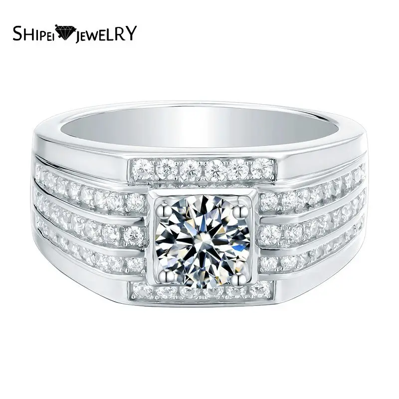 

Shipei Luxury 925 Sterling Silver Round Cut Real Moissanite Diamonds Gemstone Wedding Engagement 1CT Men's Ring Fine Jewelry