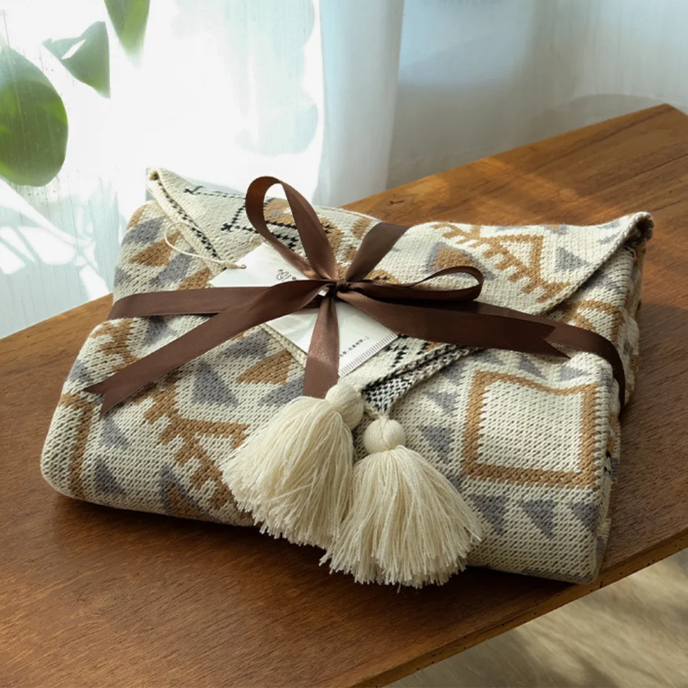 売る Adorehouseボヘミアンニット毛布幾何椅子ラウンジ毛布装飾岬毛布ソファチャンキーニットスローブランケット