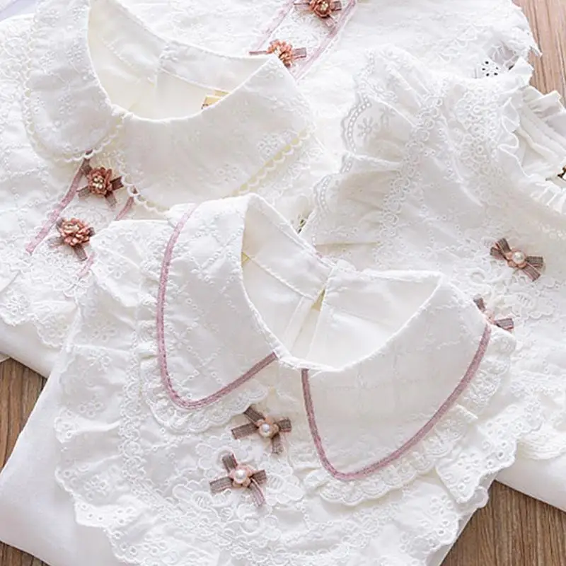 

2-15y Kids Shirts Spring Autumn Girls Blouses Long Sleeve Doll Collar Patchwork Bow-Knot Lace Soft Children Top Clothes Hy39