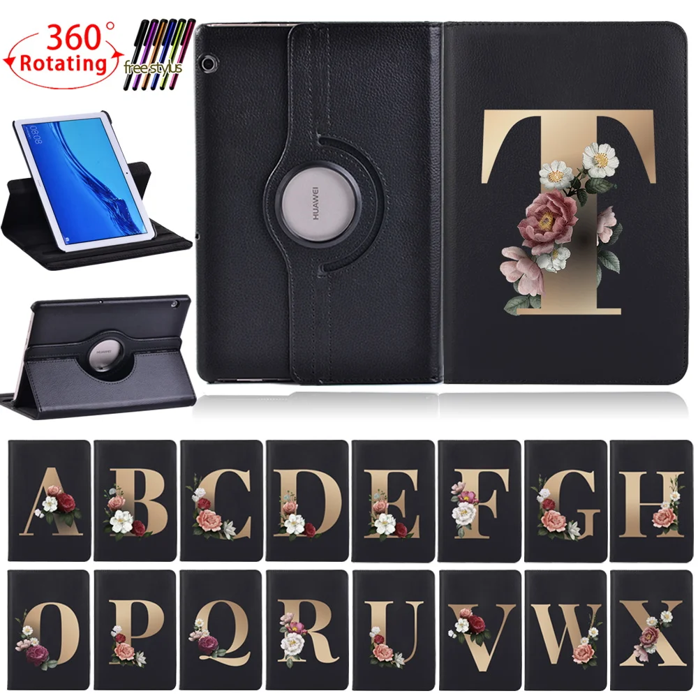 

Case for Huawei MediaPad T3 10 9.6"/T5 10 10.1" Initial Flower Letters Rotating Tablet PU Leather Stand Cover Case+ Free Stylus