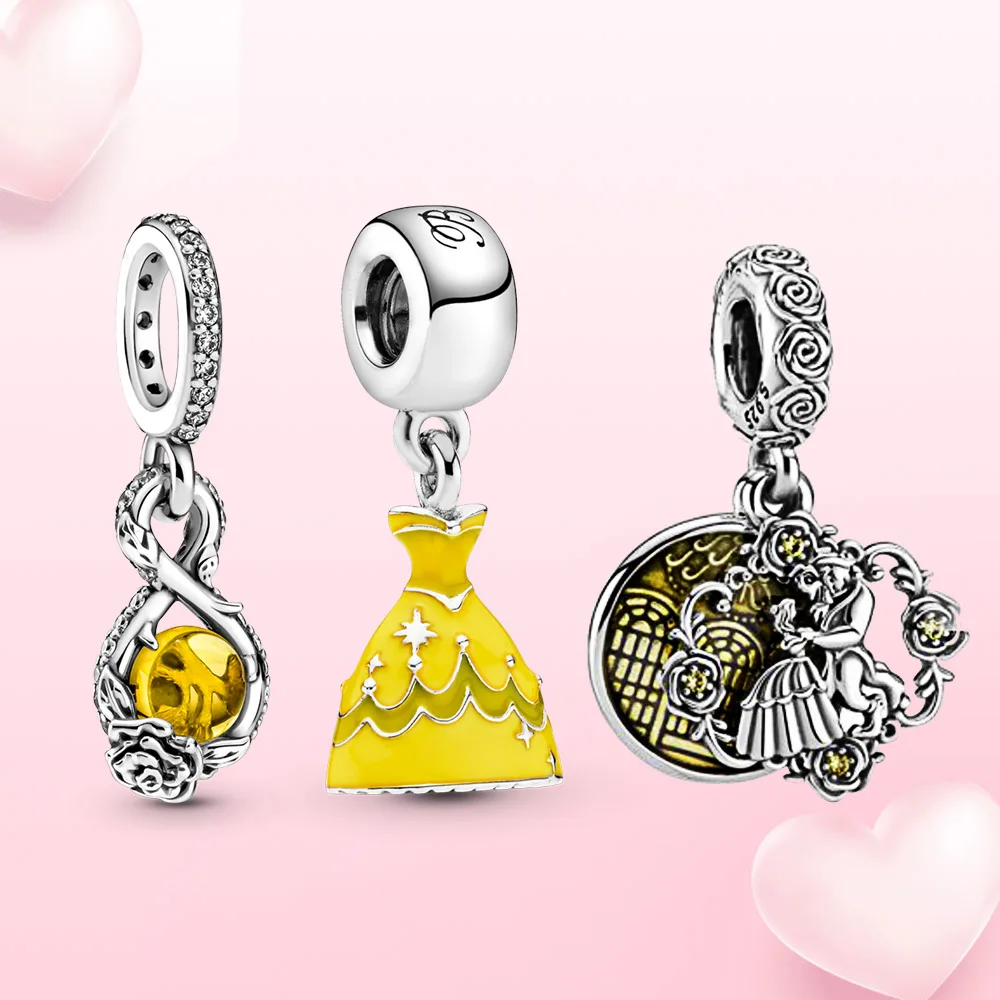 

925 Sterling Silver charm Beauty and the Beast Dangle princess charm pendant Fit Original Pandora Necklace for women gift