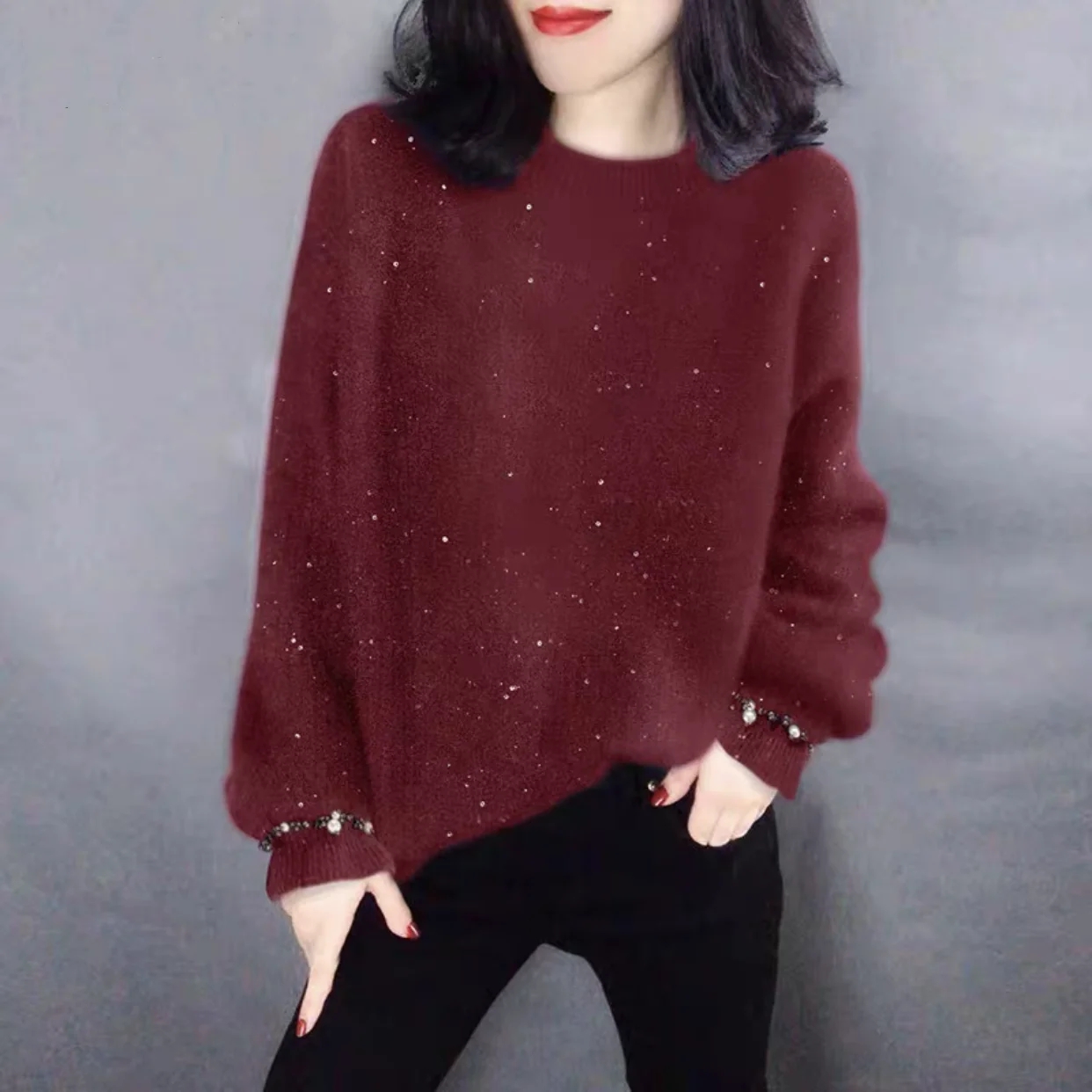 

High Quality famous Purple Color ladies warm sweater Pullover elegant Oversized Knitted sweaters