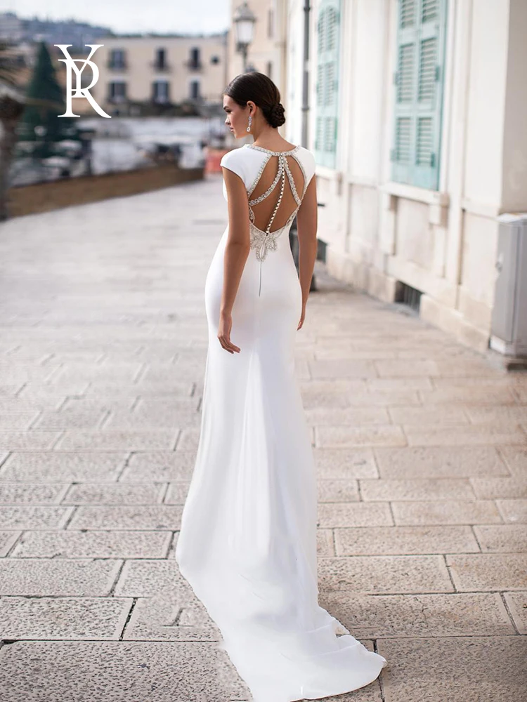 

YILIBER Mermaid wedding dress chiffon v-neck simple wedding gown hand drill skirt plus size
