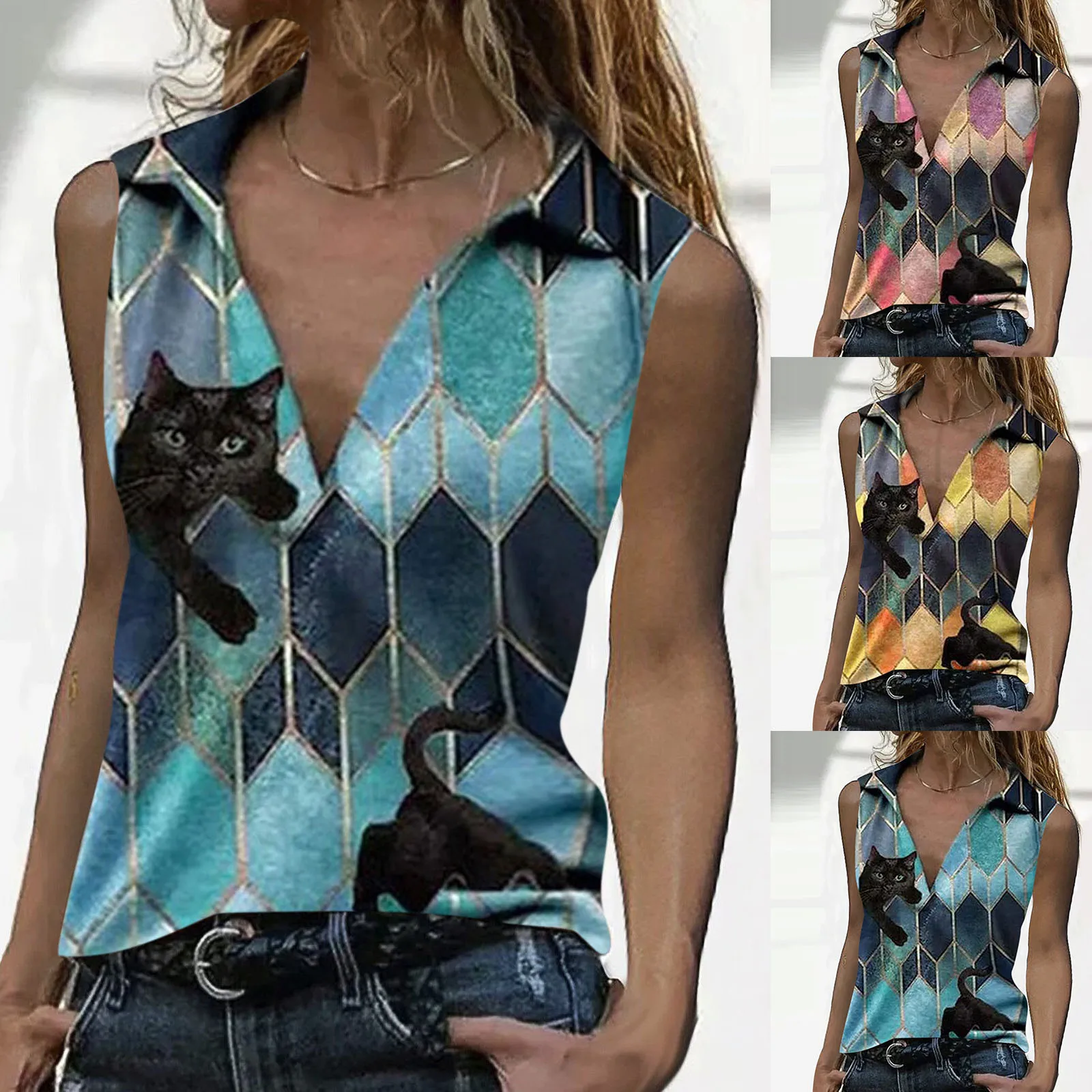 

65# Women Vest Top 2021 Sexy Tanks V Neck Cat Geometric Print Sleeveless T Shirt Summer Clothing Pullover Plus Size Tank Top