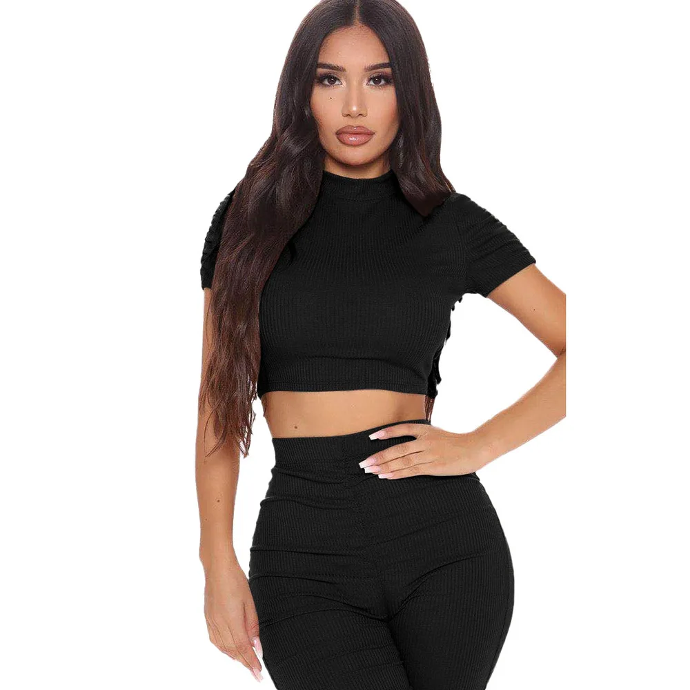 

Elastic Hight Ribbed Ruched Two Piece Outfits Women's Set High Necked Short Sleeve Bandage Crop Top+stacked Legging Matching Set