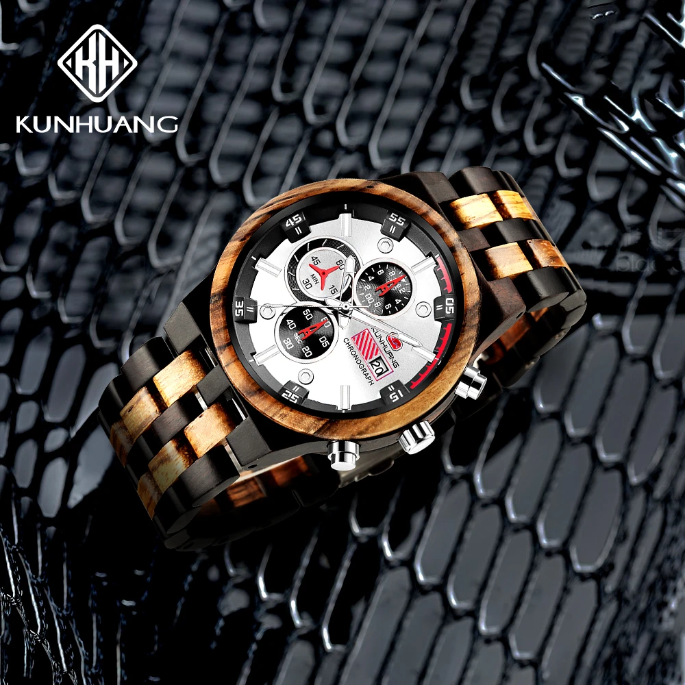 Часы мужские с минеральным циферблатом и хронографом под дерево|Кварцевые часы| |