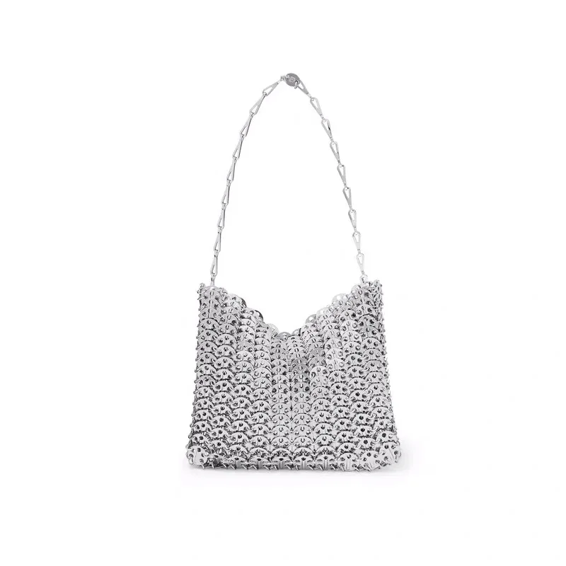 Luxury Designer Women Bags Pure Metal Sequins Chain Woven Bag Hollow Evening Clutch Female Travel Holiday Shoulder | Багаж и сумки