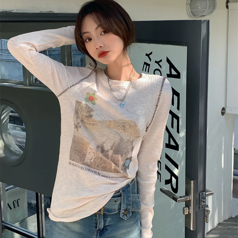 Korejepo Printed Long Sleeve T-shirt Women Spring and Antumn 2022 New Versatile Thin Loose Bottomed Korean Chic Fashion Tops | Женская