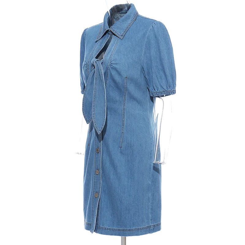 Для женщин джинсовая рубашка летнее платье с бантом Высокая Талия Джинсовая