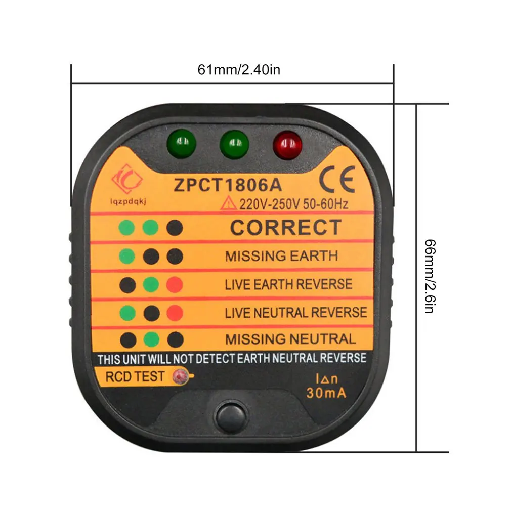 

ZPCT1806A Outlet Socket Tester Detector Circuit Polarity Voltage Plug Breaker UK Ground Zero Line Switch Safety Electroscope