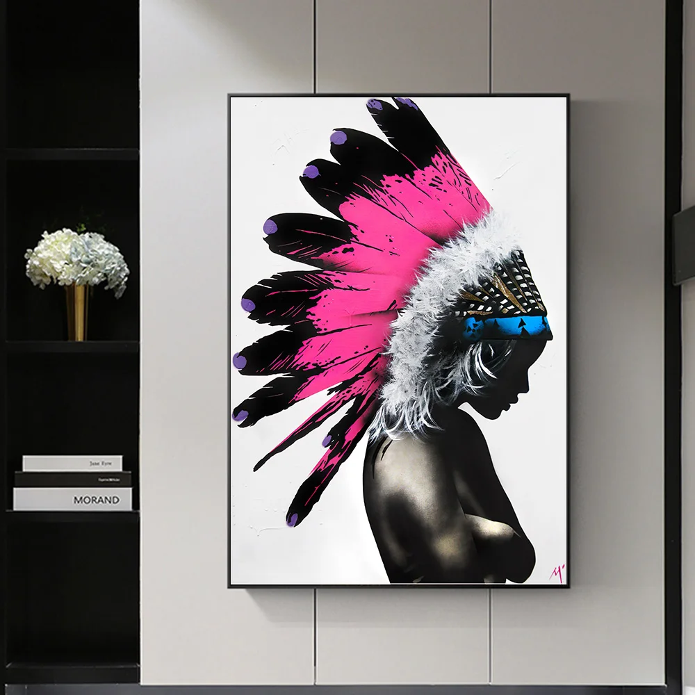 

African Feathers Black Woman Abstract Canvas Painting Wall Art Print Poster Picture Decorative Painting Living Room Home Decor