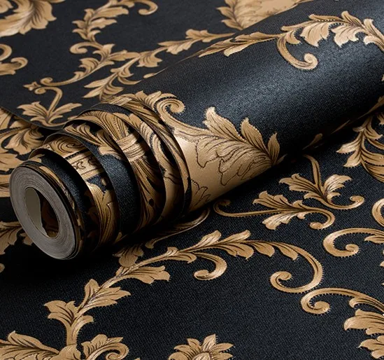 

High Grade Black Gold Luxury Embossed Texture Metallic 3D Damask wallpaper for wall Roll washable Vinyl PVC Wall Paper