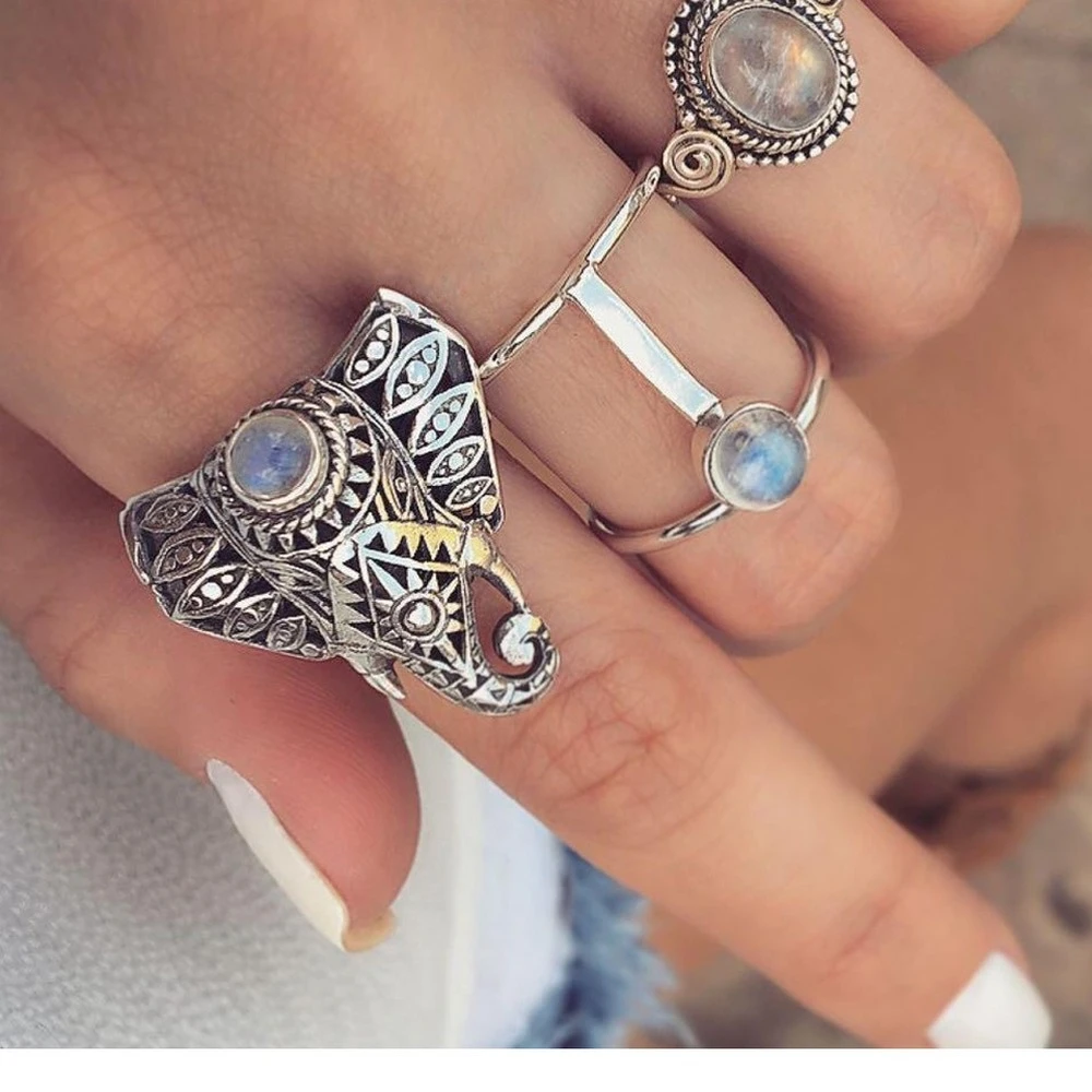 

3 Pcs/set Personality Elephant Gem Boho Rings For Women Ancient Silver New Irregular Ring Trendy 2021 Grunge Jewelry Wholesale