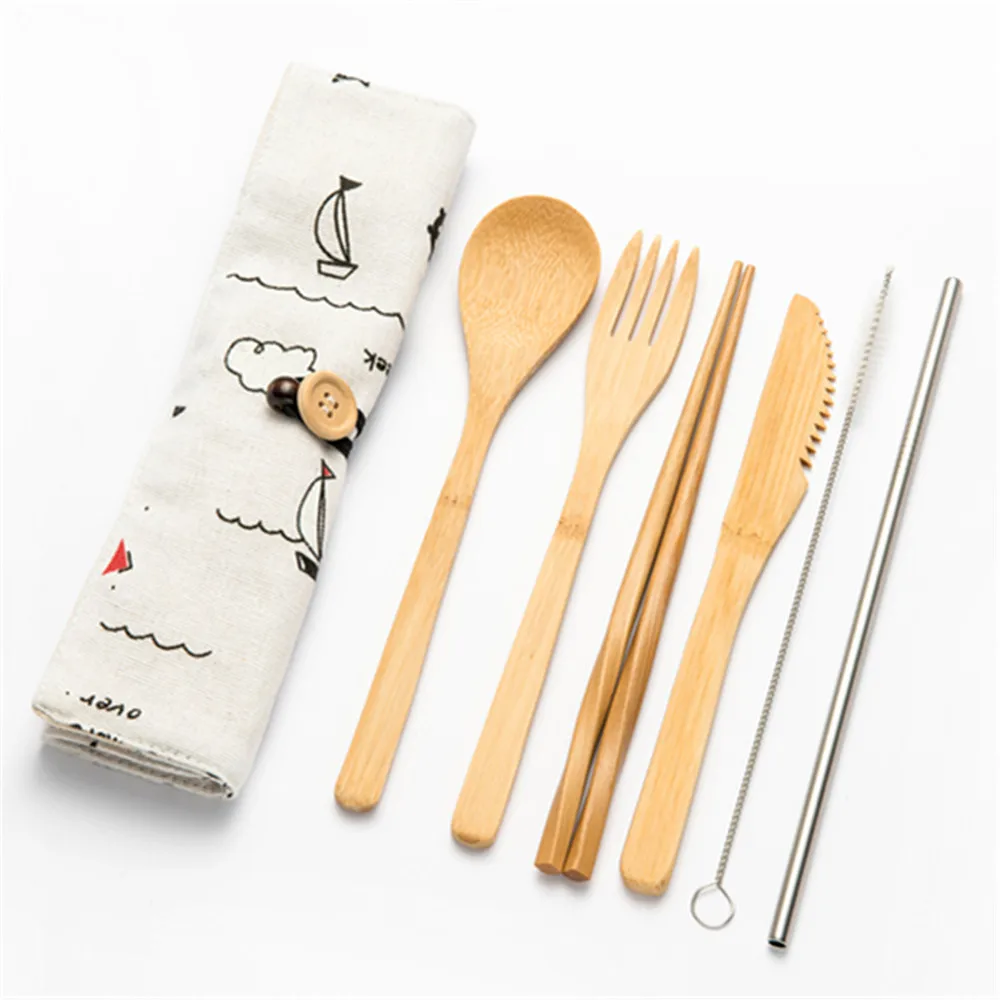 7pcs setA011 Многоразовый бамбуковый кухонный набор инструментов для приготовления пищи, набор деревянных столовых приборов, вилка, резак, сумка для резки, вилка, ложка, набор ножей или набор посуды для пикника - Цвет: 7pcs setA011