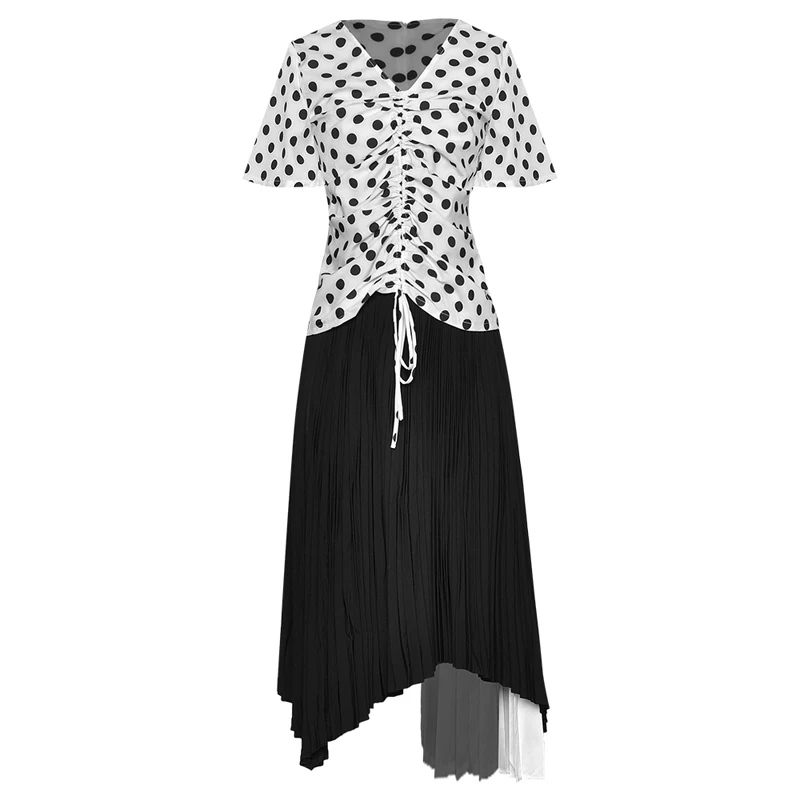 

QUALITY Newest HIGH 2021 Fashion Runway Suit Set Women's V-Neck short sleeve Dot Drape Blouse Top Asymmetrical Skirt set