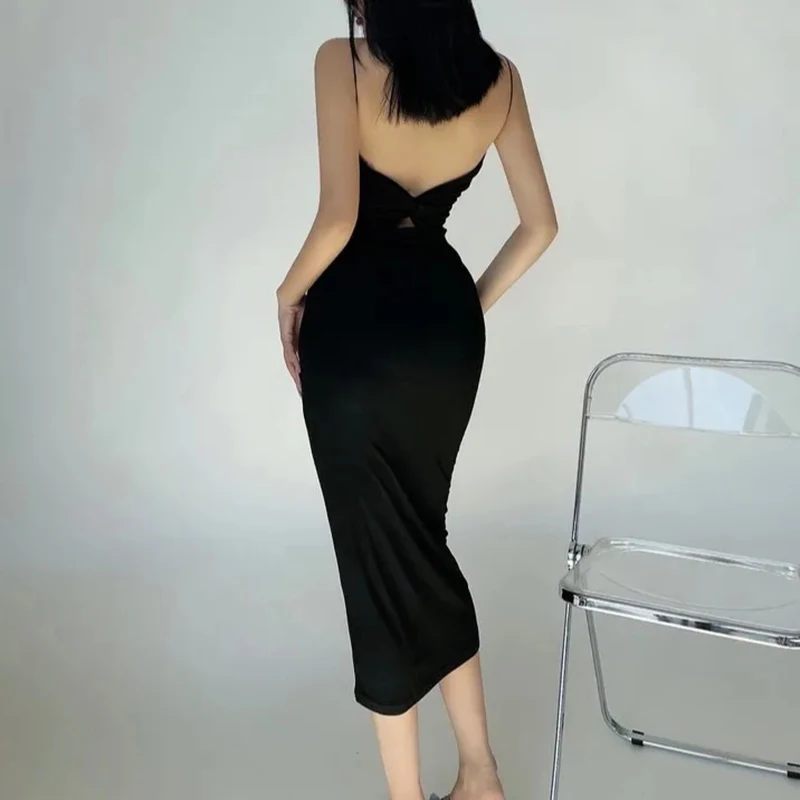 

2021Thin straps mini satin women's sexy halter strap tight-fitting party dress pleated stretch long club dress