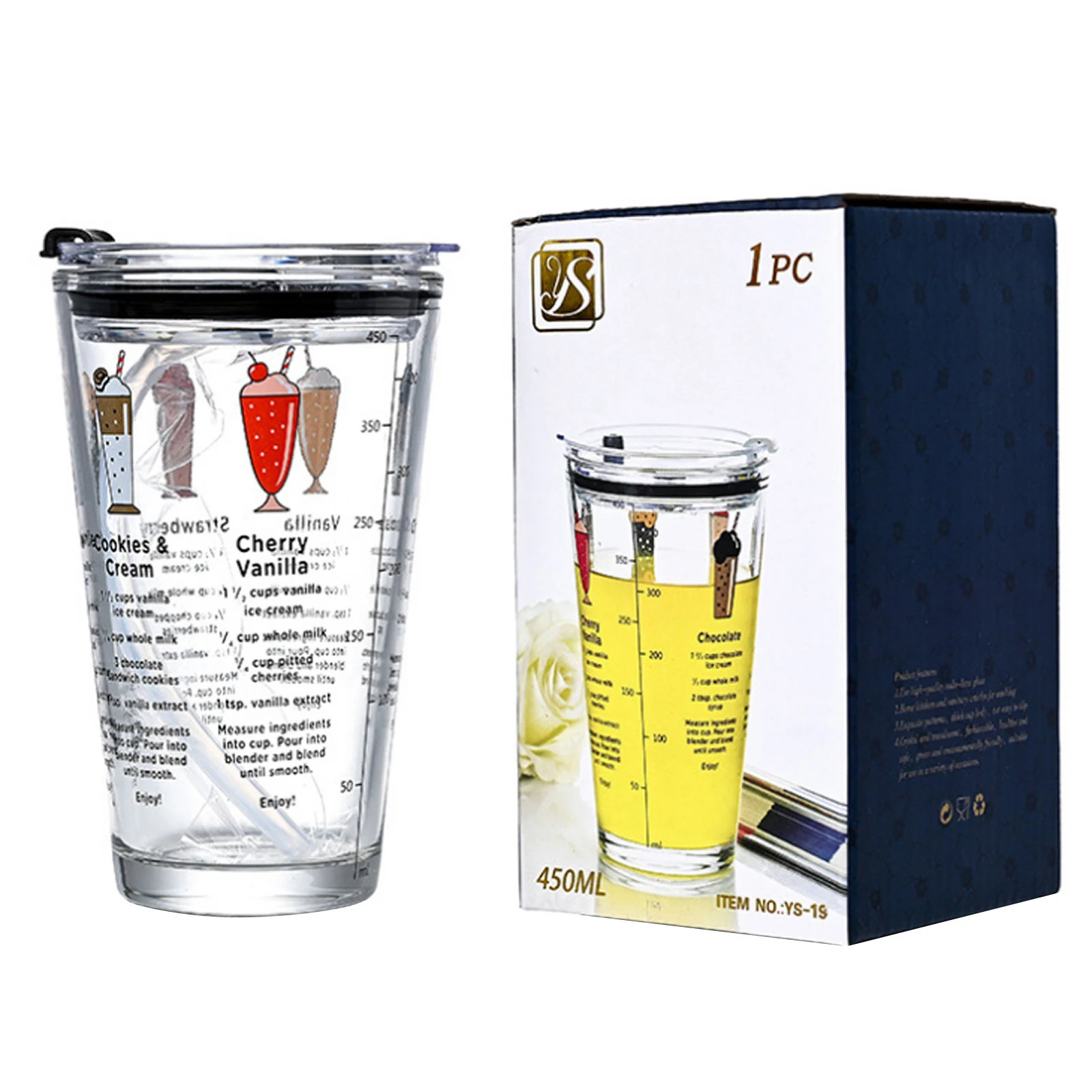 

Faroot 450ML Glass Straw Cup with Scale Transparent Graffiti Style Large Capacity Drinking Juice Bottle