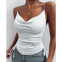 2021 summer women casual white v neck backless sexy tanks sleeveless garment tee shirts ruched drawstring cowl neck cami top