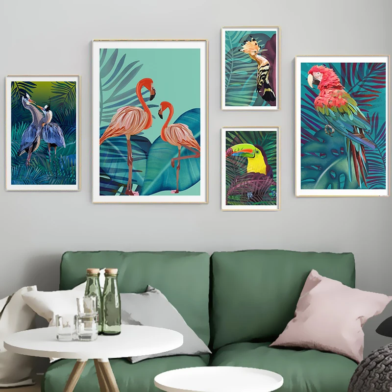 

Jungle Tropical Plants And Birds Wildlife Parks Bird Canvas Painting Animals Picture Wall Poster for Living Room Decoration