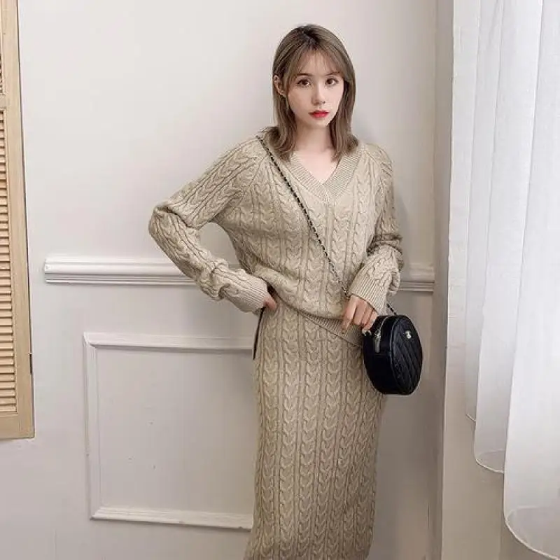 Новинка 2019 женский осенне зимний свитер вязаный костюм модный плетеное платье с