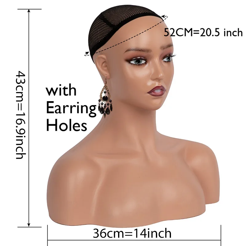 Mannequin Head With Shoulders Wig Hat Scarf Jewellery Display Head Brown Hard Pvc Female Dummy Wig Head With Non-Slip Hair Net enlarge