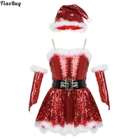 tiaobug kids girls christmas santa dance costume outfit sequins figure ice skating roller skating dress with hat arm sleeves