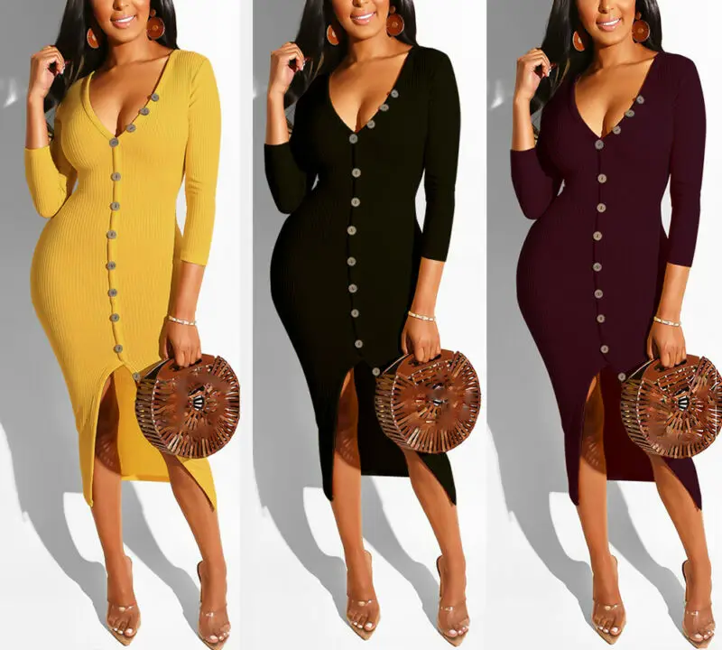 Женское облегающее платье миди с v образным вырезом и длинным рукавом в