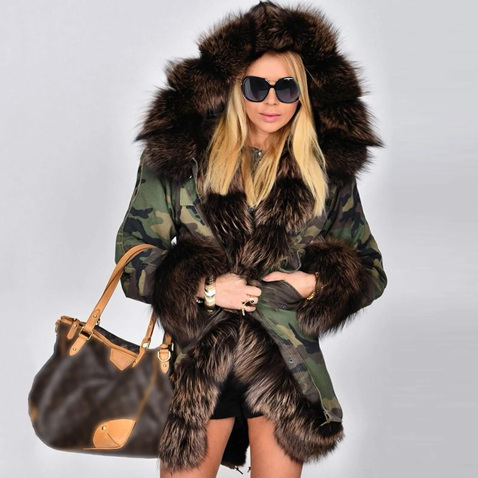 

Fashion Womens Fleece Winter Hooded Coat Parka Warm Camouflage Printed Fur Collar Long Sleeves Jacket Overcoat Chaqueta Mujer#g3