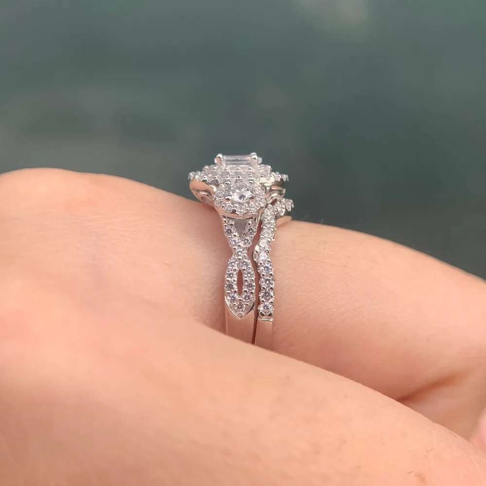 Wuziwen Halo Oval Round Cut AAA Zircon 925 Sterling Silver Wedding Ring Set For Women Engagement Promise Rings Jewelry