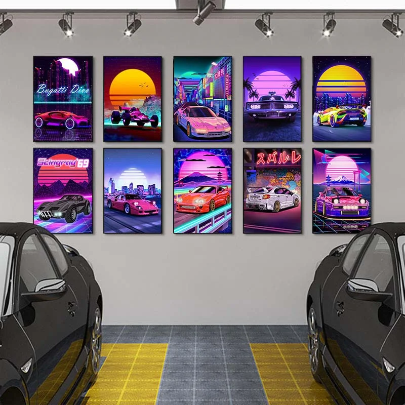 

Постеры с принтами автомобилей Vaporwave, спортивные супермарки Synthwave, Картина на холсте, Супер Автомобили, ночной вождение, Настенный декор