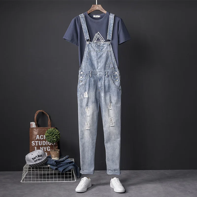 Man Ripped Jeans Bib Overalls Loose Streetwear Hip Hop Hole Denim Jumpsuits Ropa Hombre Trousers Leisure Tattered Cargo Pants