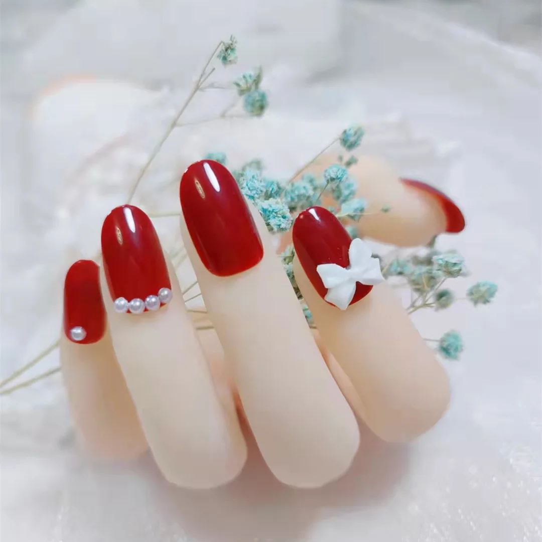 

2021 24PCS Wine Red Nail Patch French Style Glue Type Removable Short Paragraph Manicure Save Time False Nail Patch