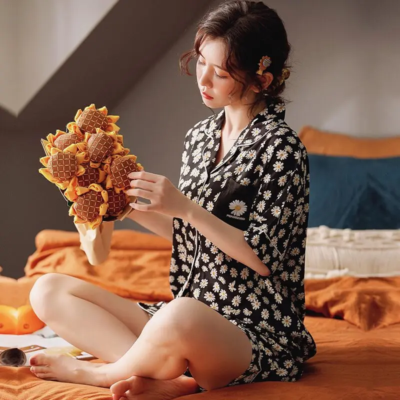 Пижама женская хлопковая с коротким рукавом и шортами|Комплекты пижам| |