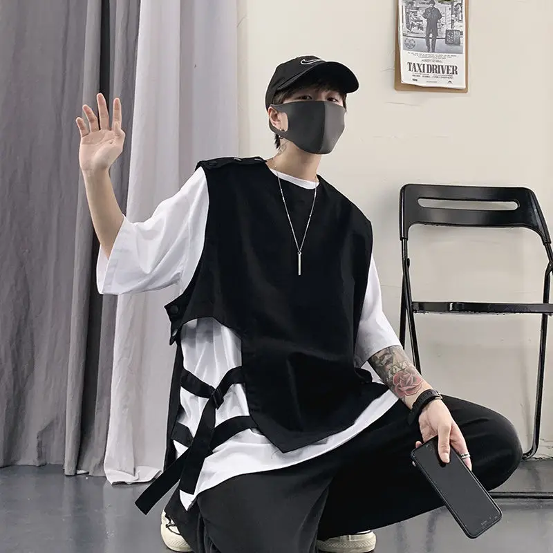 

Japanese Hip-Hop Vest Mens M-3Xl Autumn Black Pullover Vest Men's Fashion Casual Loose Tooling Vest Men Streetwear Wild