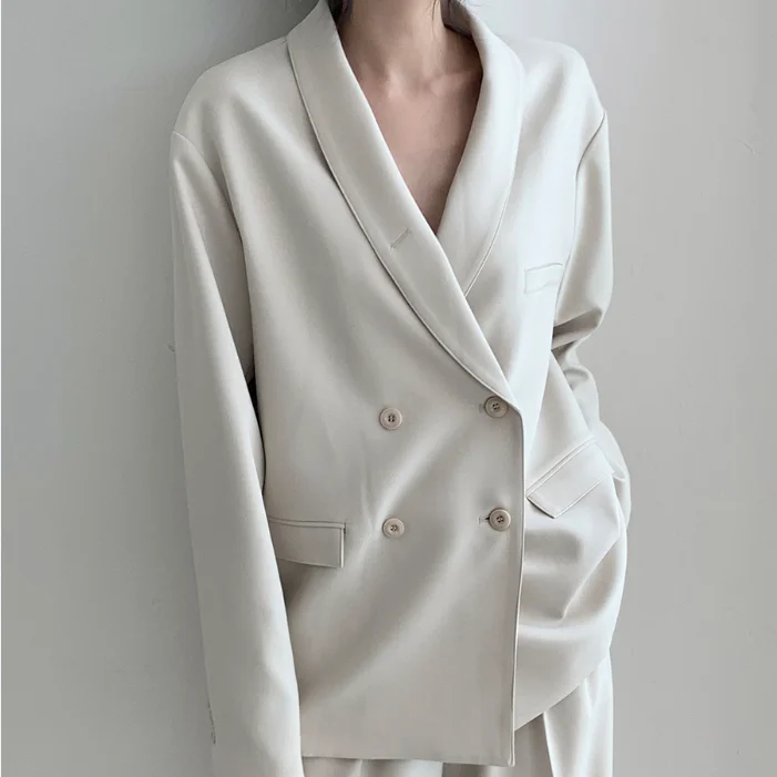 

Elegant Women Pant Suits Double-breasted Blazer Jacket High Waist Pants 2 Pieces-set Office Lady Style Work Suits