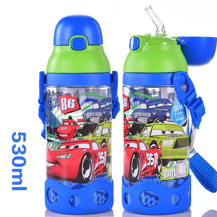 Blue car-500ml Дисней 500 мл 600 мл прямая Питьевая принцесса Винни автомобили пластмассы Тур бутылка для воды дети с веревкой - Цвет: Blue car-500ml