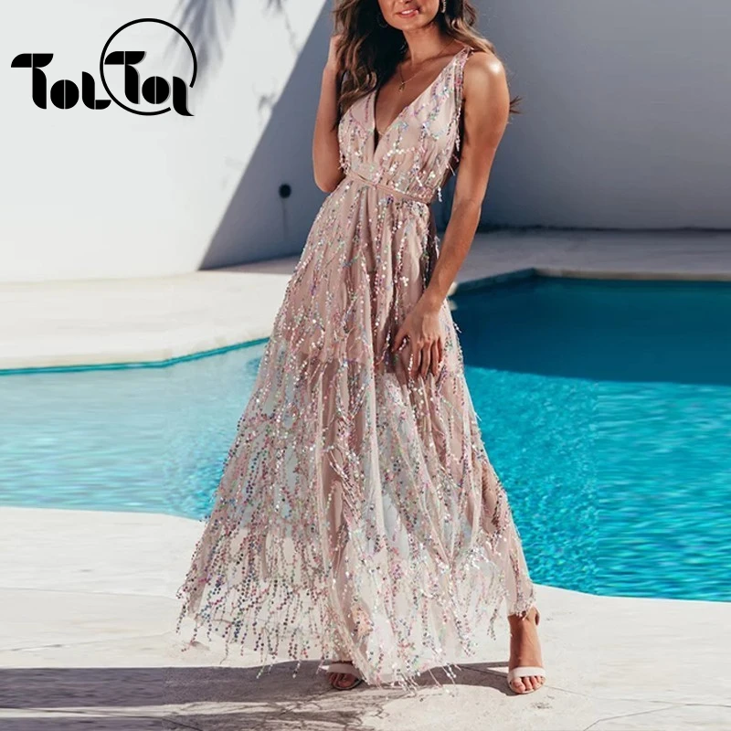 2020 повседневное вечернее платье с блестками Женское ночное пляжное глубоким V